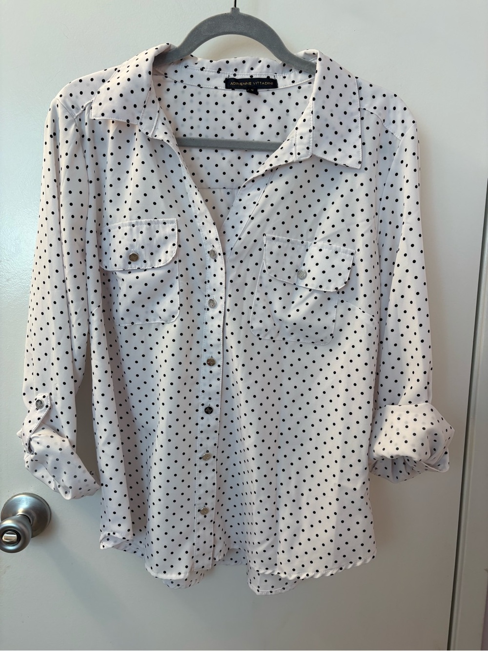 Adrienne Vittadini White Button-Up Polka Dot Blouse EUC Size M •PTP 22/L 27•